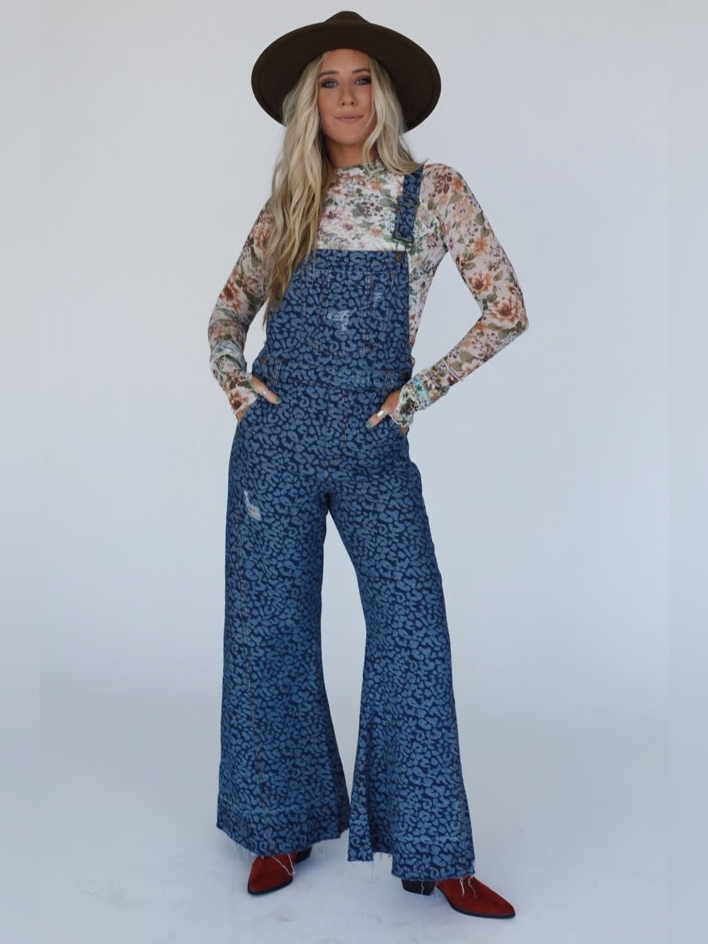 Aaron & Amber denim blue animal print wide flare bell leg boho overalls S